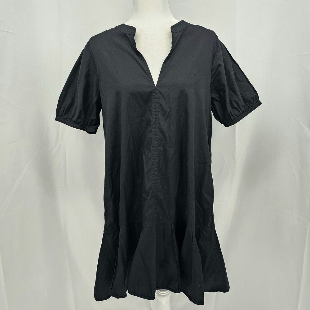 J.Crew Delilah Dress in cotton Poplin Black preppy ruffle Shift V-neck Sz M EUC